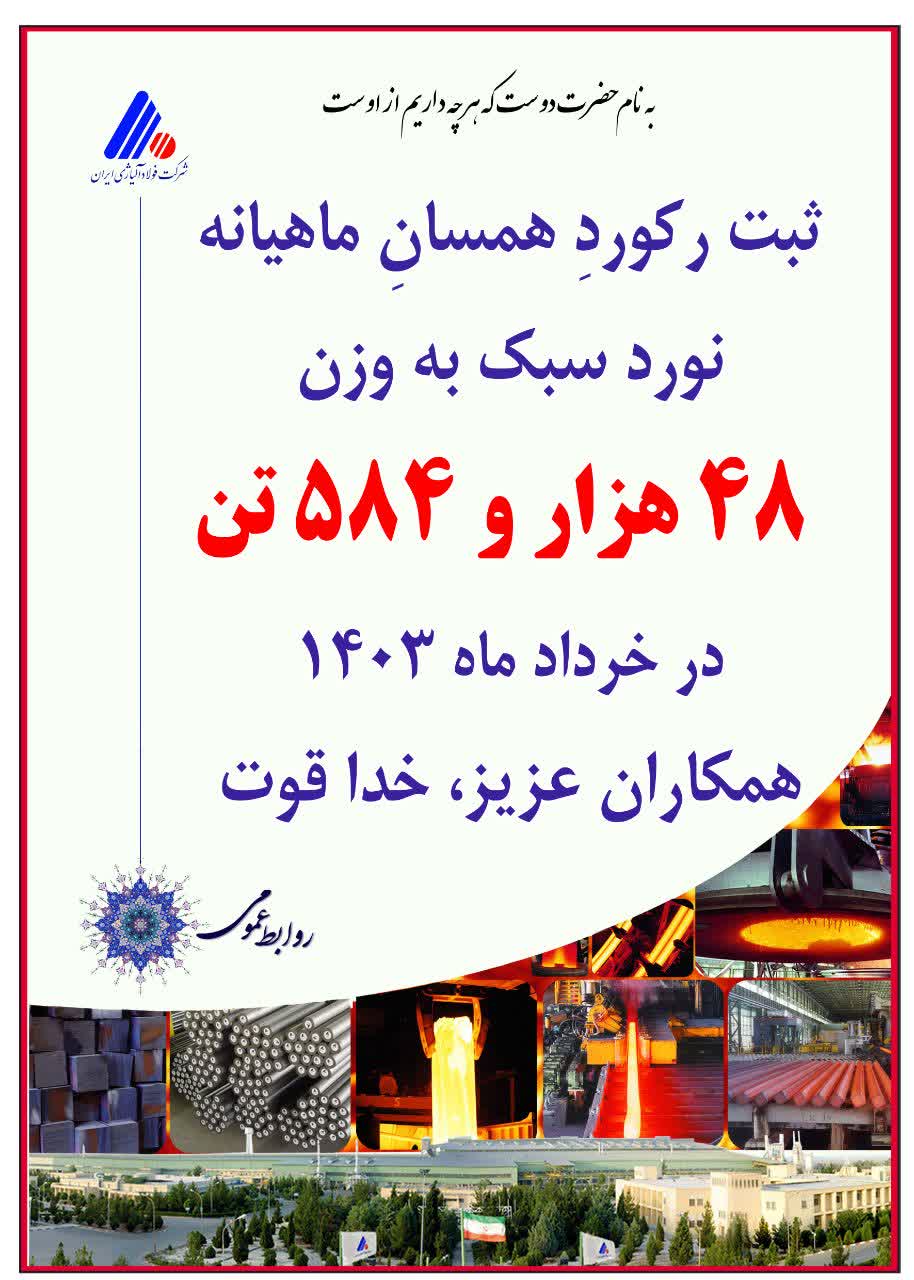 ثبت رکورد همسان ماهیانه کارخانه نوردسبک شرکت فولاد آلیاژی ایران